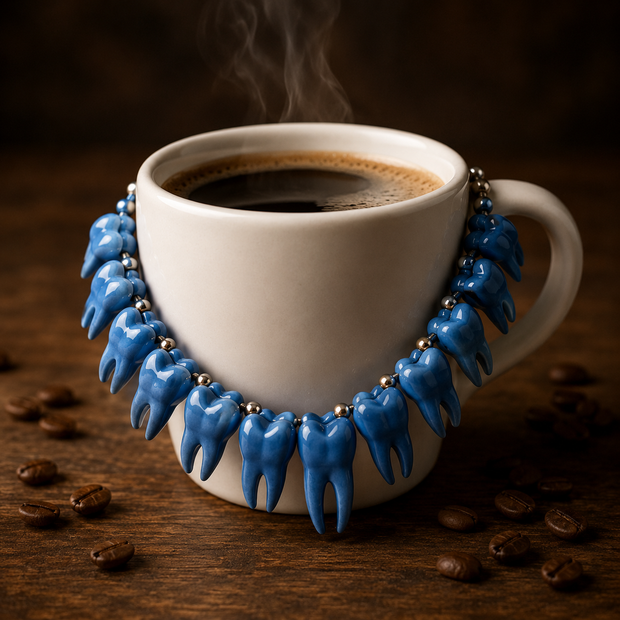 A white coffee mug wrapped in a necklace of blue ceramic teeth beads, steaming with fresh coffee.